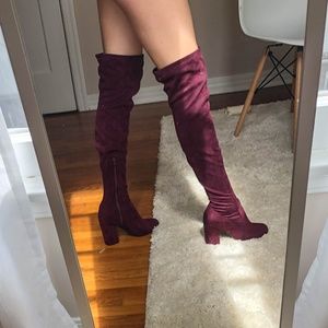 Over the knee suede burgundy chunky heeled boots